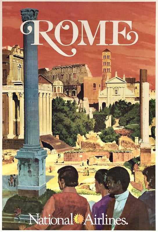 Original Vintage Poster ROME NATIONAL AIRLINES Airline Travel Tourism Italy OL: Dimensions: 28.3 x 42 in. / 72 x 106.7 cm.; Circa: 1960s Original vintage "ROME - NATIONAL AIRLINES" airline travel poster, plate signed by its artist, BILL SIMON, and printed circa 1960s.