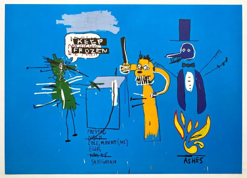 JEAN MICHEL BASQUIAT RARE OFFSET LITHOGRAPH PRINT "DINGOES WITH THEIR GUM " 1988: THE RARE OUT OF PRINT OFFSET LITHOGRAPH POP ART PRINT MEASURES 27 1/2" W X 19 5/8" H. IT IS PRINTED ON SMOOTH FINISH PREMIUM PAPER STOCK WITH VIBRANT INK COLORS IN A SATIN EGGSHELL FINISH.
