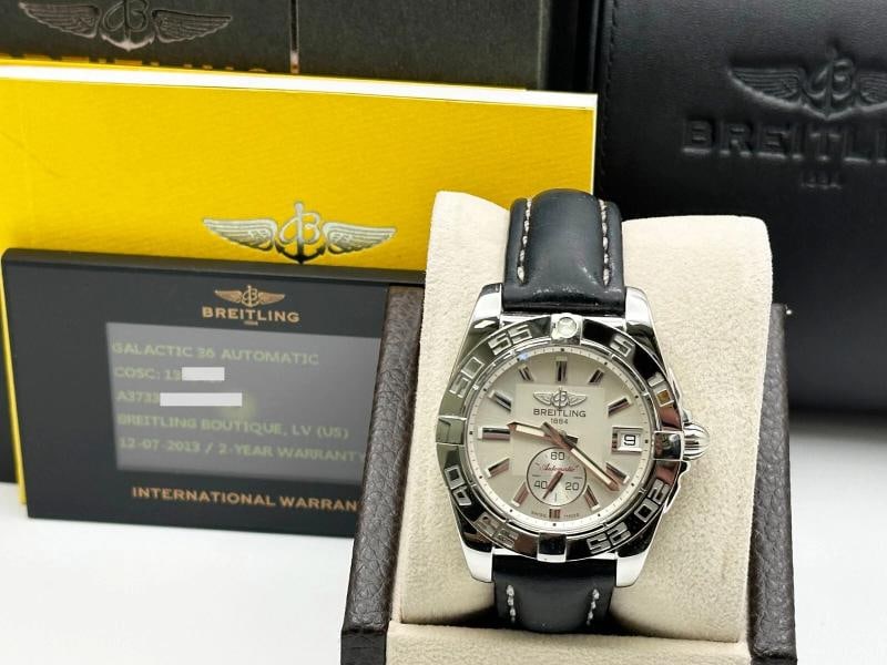 Breitling Galactic 36 A37330 Stainless Steel Leather Band Box Paper: Condition: Pre-owned - Good,Country of Origin: Switzerland,Bezel Color: Silver,Movement: Mechanical (AutomaticYear Manufactured: 2010-2019,With Papers: Yes,Reference Number: A37330,Band/Strap: