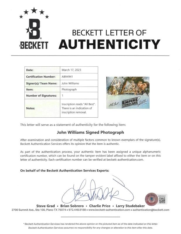 COMPOSER JOHN WILLIAMS SIGNED STAR WARS ESB 8x10 MOVIE PHOTO BECKETT BAS COA - 2