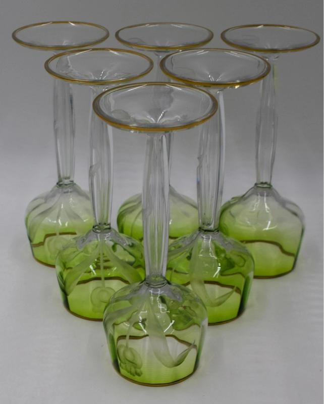 6 Moser Green Cut to Clear Hand Blown & Engraved Tulip Hock Wines - 10