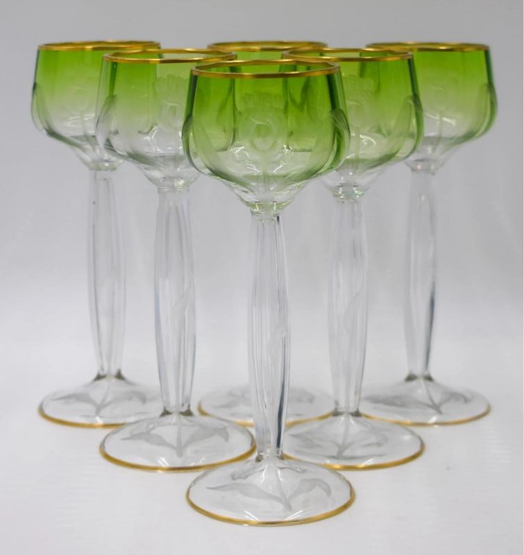 6 Moser Green Cut to Clear Hand Blown & Engraved Tulip Hock Wines: Condition: Used,Brand: Moser,Type: Wine Glass,Color: Green cut to Clear,Features: Engraved,Country of Origin: United States