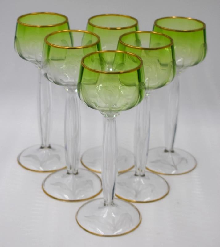 6 Moser Green Cut to Clear Hand Blown & Engraved Tulip Hock Wines - 2