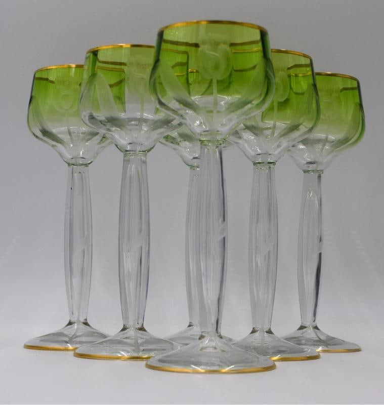 6 Moser Green Cut to Clear Hand Blown & Engraved Tulip Hock Wines - 3
