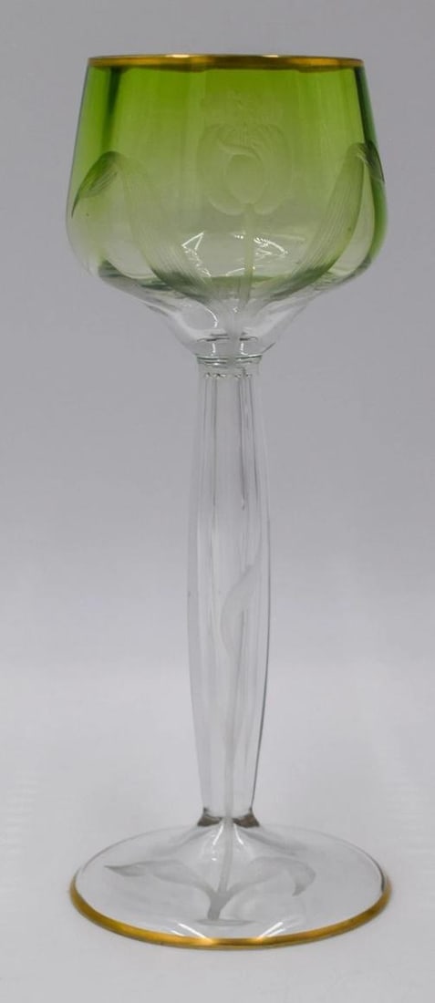 6 Moser Green Cut to Clear Hand Blown & Engraved Tulip Hock Wines - 4