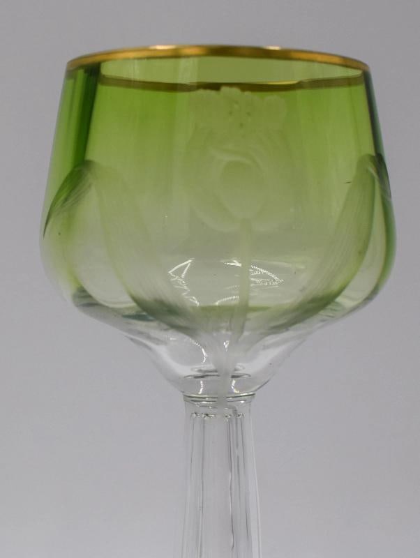 6 Moser Green Cut to Clear Hand Blown & Engraved Tulip Hock Wines - 5