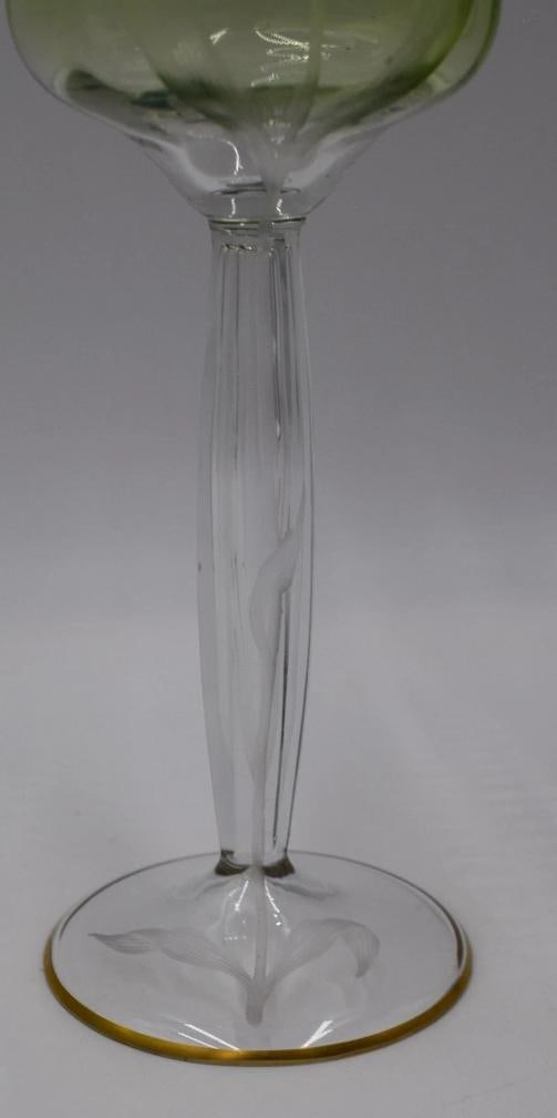 6 Moser Green Cut to Clear Hand Blown & Engraved Tulip Hock Wines - 6