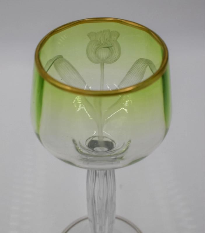 6 Moser Green Cut to Clear Hand Blown & Engraved Tulip Hock Wines - 8