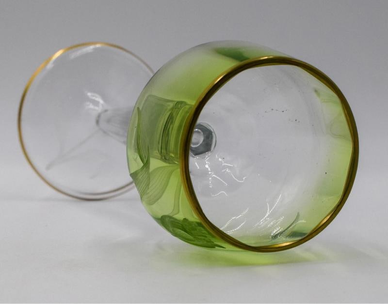 6 Moser Green Cut to Clear Hand Blown & Engraved Tulip Hock Wines - 9