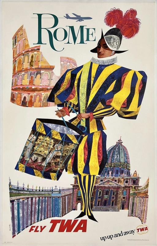 Original Vintage Poster ROME FLY TWA UP UP AND AWAY Airline Travel Tourism OL: Dimensions: 25 x 39.8 in. / 63.5 x 101 cm.; Circa: 1967 Original vintage "ROME - FLY TWA - UP UP AND AWAY" airline travel poster, plate signed by its artist, DAVID KLEIN, and printed by LITHO IN U.S.A