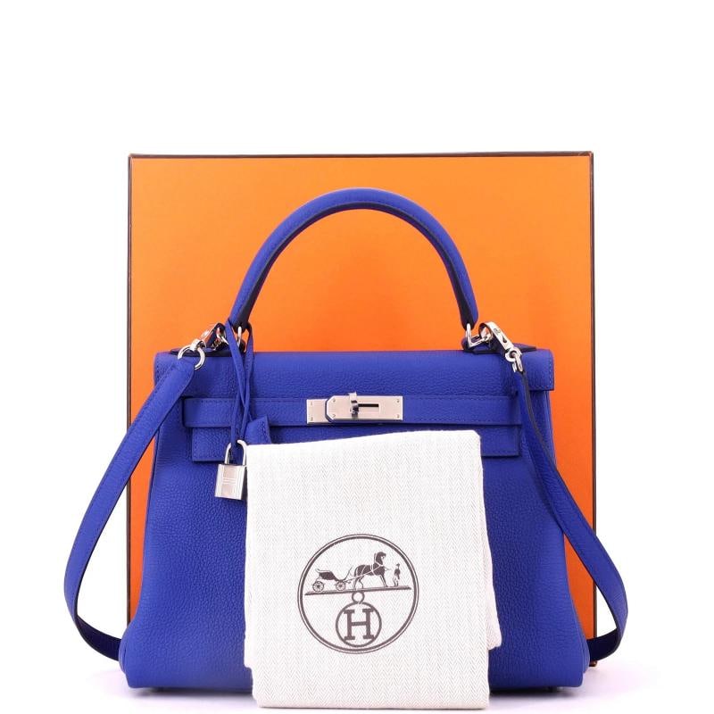 Hermes Kelly Handbag Blue Togo with Palladium Hardware 28 - 2