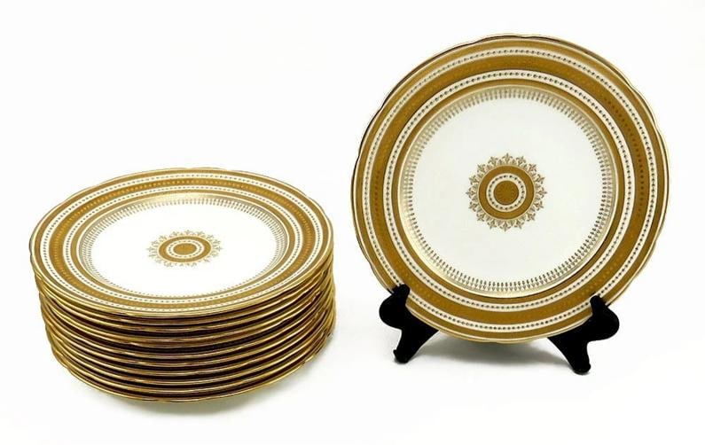 12 Antique c1900 English Porcelain Mintons Gilded Luncheon Plates 9 1/2": Condition: Used: An item that has been used previously. The item may have some signs of cosmetic wear, but is fully operational and functions as intended. This item may be a floor model or store