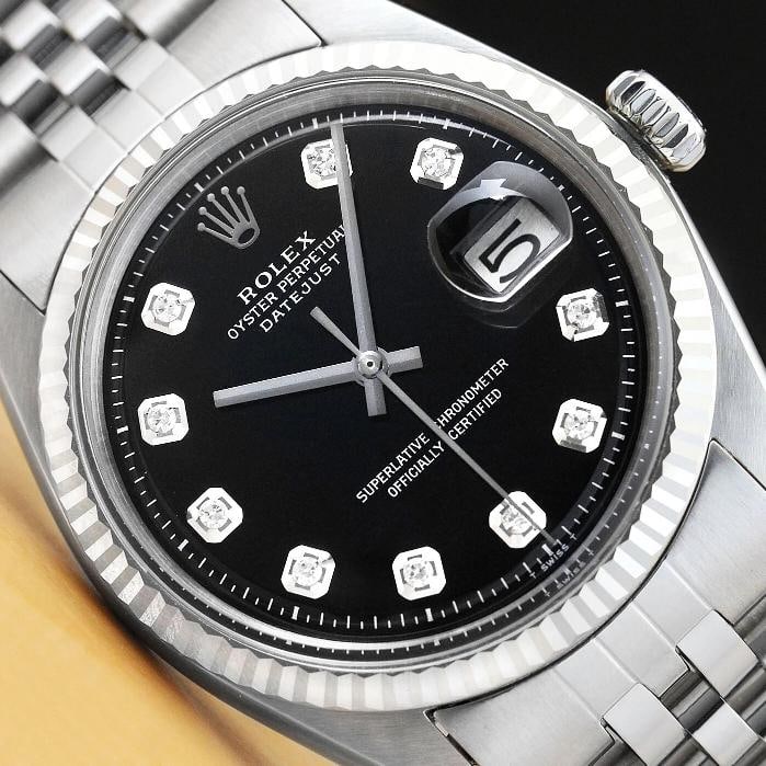 MENS ROLEX DATEJUST 1601 18K WHITE GOLD STAINLESS STEEL BLACK DIAMOND DIAL WATCH: Condition: Pre-owned - Excellent,Bezel Color: Silver,Max Wrist Size: 7.26-7.5 in,Number of Jewels: 26 Jewels,Indices: Diamond Markers, 12-Hour Dial, Multiple Hands,Band/Strap: Bracelet/Link Band,Case