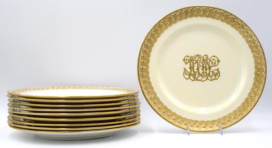 10 Royal Doulton Raised Gold Dinner Plates w/Monogram - 2