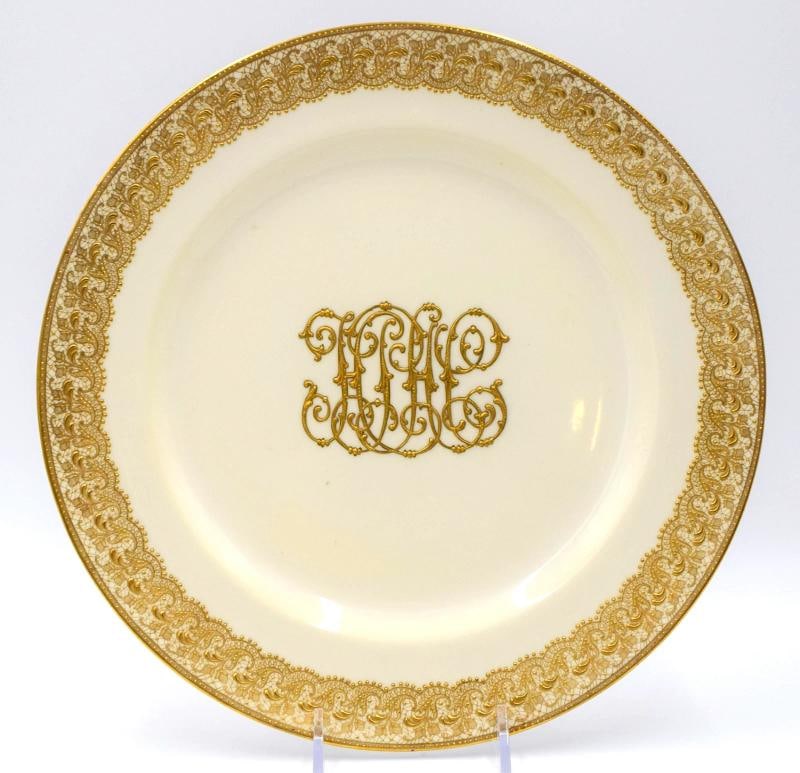 10 Royal Doulton Raised Gold Dinner Plates w/Monogram - 3