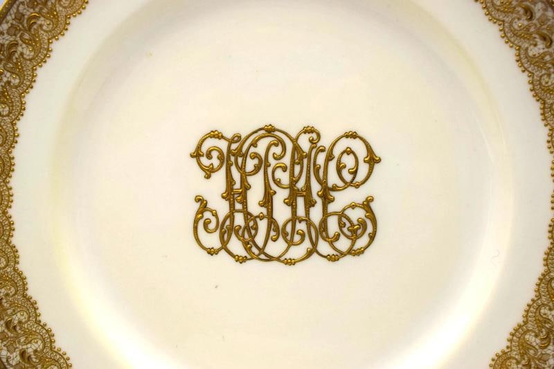 10 Royal Doulton Raised Gold Dinner Plates w/Monogram - 4