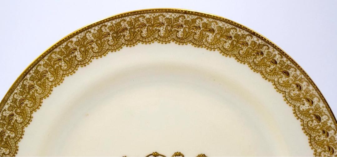 10 Royal Doulton Raised Gold Dinner Plates w/Monogram - 5