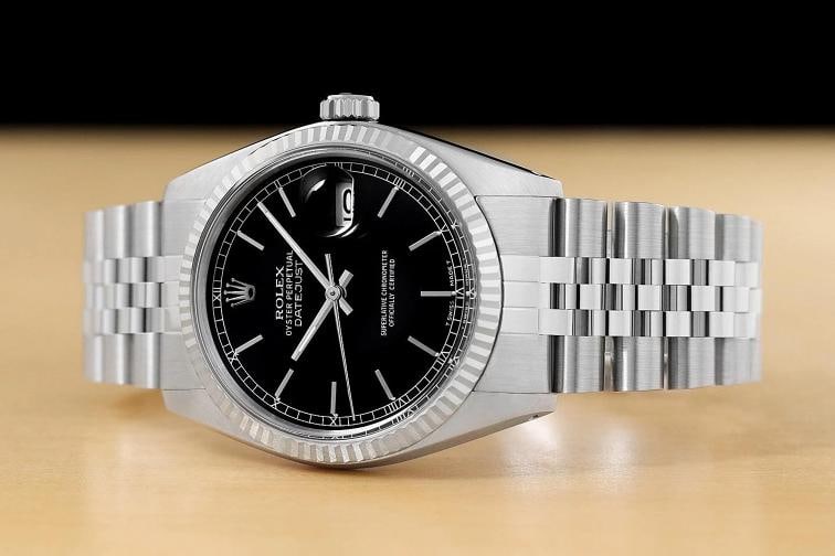 ROLEX MENS DATEJUST 16014 BLACK DIAL 18K WHITE GOLD STEEL JUBILEE WATCH - 2