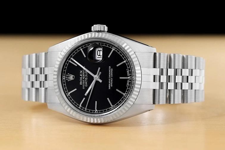 ROLEX MENS DATEJUST 16014 BLACK DIAL 18K WHITE GOLD STEEL JUBILEE WATCH - 3