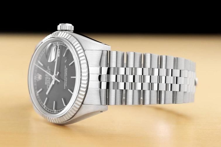 ROLEX MENS DATEJUST 16014 BLACK DIAL 18K WHITE GOLD STEEL JUBILEE WATCH - 4