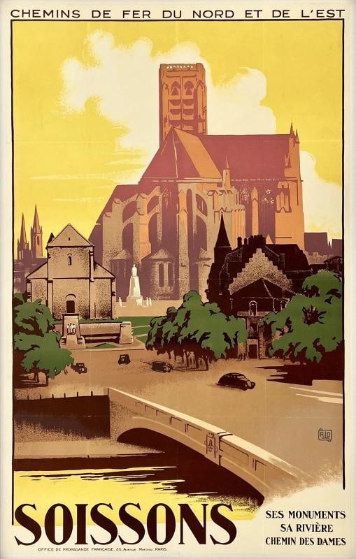 Original Vintage Poster SOISSONS French Railroad Travel Tourism France LINEN: Condition: Used,Artist: ALO (Charles Hallo),Type: Poster,Listed By: Dealer or Reseller,Year of Production: 1920s,Width (Inches): 24.7",Height (Inches): 39.4",Style: Vintage,Theme: Travel,