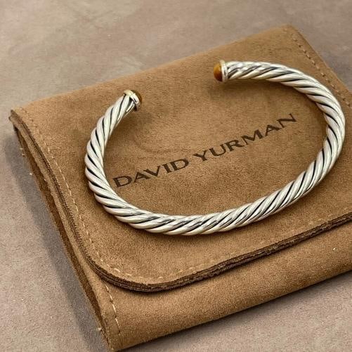 David Yurman Cable Cuff Bracelet 6mm Sterling Silver 14K Gold Tiger Eye L - 2