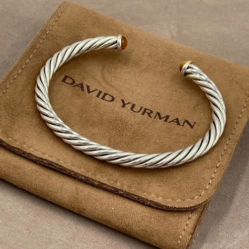 David Yurman Cable Cuff Bracelet 6mm Sterling Silver 14K Gold Tiger Eye L - 3