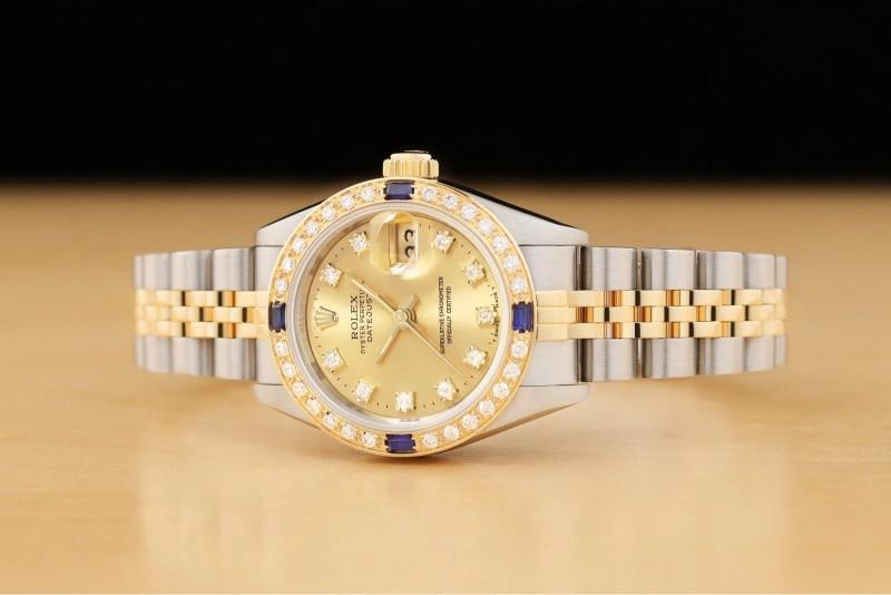 LADIES ROLEX DATEJUST 69173 CHAMPAGNE FACTORY DIAMOND 18K GOLD SAPPHIRE SS WATCH - 2