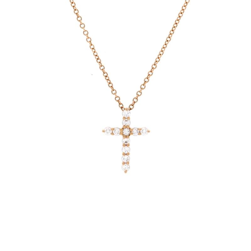 Tiffany & Co. Cross Pendant Necklace 18K Rose Gold with Diamonds Mini: Condition: Excellent. Faint wear throughout. Accessories: No Accessories Measurements: Length: 16.00 ", Pendant Length: 13.70 mm, Pendant Width: 10.00 mm Designer: Tiffany & Co. Model: Cross Pendant N