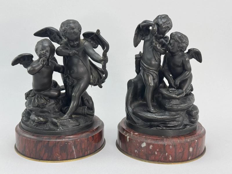Superb Pair c1860s French Sevres Bronze Putti Cherub Statues w Red Marble Bases: Presented is a wonderful pair of antique French bronze figurines on red marble bases, dating to around the 1850s-1870s, signed Sevres. The bronze is well cast and detailed, with a rich dark patina.