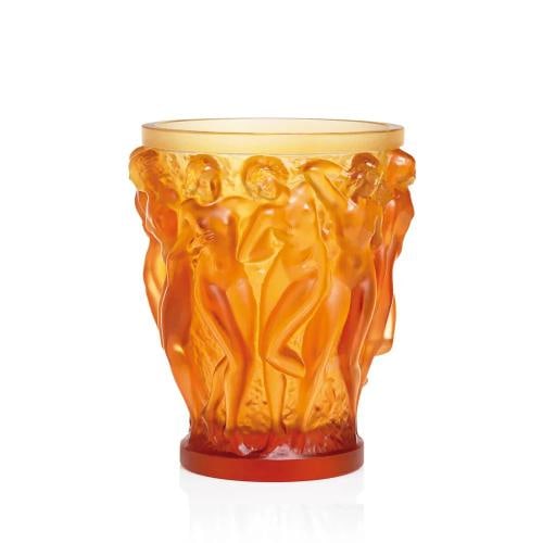 Lalique Bacchantes Vase XL Amber Crystal Ref. 1220020: Lalique Bacchantes Vase XL Amber Crystal Ref. 1220020 -Official Lalique- Dimensions: H 9.45" x D 7.45" (H 24 cm x D 18.9 cm) Handcrafted in France Product Sold and Shipped in Original Packaging with