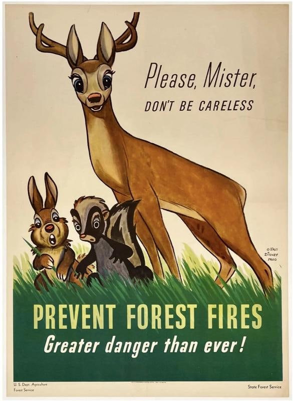 Original Vintage Poster PLEASE MISTER PREVENT FOREST FIRES Disney WWII Bambi OL: Condition: Very Good / Good * (linen backed; poster was folded once vertically and horizontally; some toning in the upper right edge and corner area; some small edge tears; 5" horizontal tear