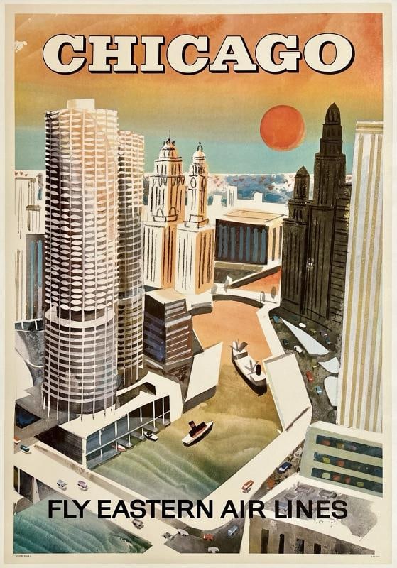 Original Vintage Poster CHICAGO EASTERN AIR LINES Airline Travel Tourism LINEN: Condition: Excellent * (linen backed; near mint condition with no noticeable defects and should display wonderfully once framed) Dimensions: 27.8 x 40.2 in. / 70.5 x 102.1 cm.; Circa: 1960s Original