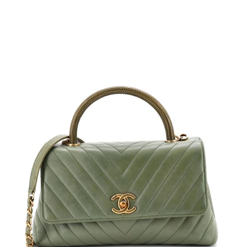 Chanel Coco Top Handle Bag Chevron Calfskin with Lizard Small: Accessories: With Strap Measurements: Handle Drop 4.5", Height 7", Width 11", Depth 4.5", Strap Drop 18". Condition: Pre-owned - Good,Brand: Chanel,Exterior Material: Leather, Exotic, Lizard,Style: To