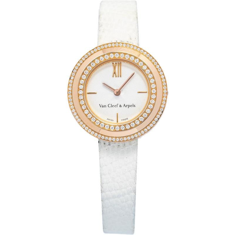 Van Cleef & Arpels Charms 2575164 Quartz Diamond RG White Dial Women's 25mm: Case Size 25mm Wrist Fit 6.75 inches Box No Papers No Condition Ã¢â‚¬â€ Excellent Full Specifications Brand Van Cleef & Arpels Customized No Serial #