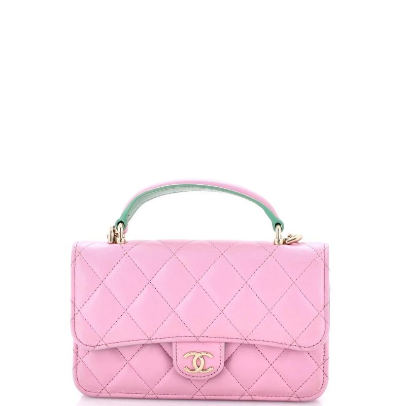 Chanel Classic Top Handle Flap Phone Holder with Chain Quilted Lambskin: Measurements: Height 4", Width 6.5", Depth 1.5" . Condition: Pre-owned - Excellent,Brand: Chanel,Exterior Material: Leather,Style: Cross Body Bags,Exterior Color: Pink,Department: Women,Size: Unknown