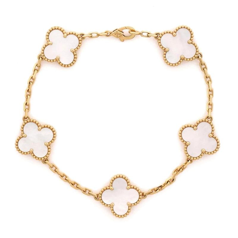 Van Cleef & Arpels Vintage Alhambra 5 Motifs Bracelet 18K Yellow Gold and Mother: Measurements: Circumference: 7.75 ", Width: 14.90 mm . Condition: Pre-owned - Good,Brand: Van Cleef & Arpels,Main Stone: Mother Of Pearl,Metal: 18K Yellow Gold,Metal Purity: 18K,Style: Bracelet,Type: 