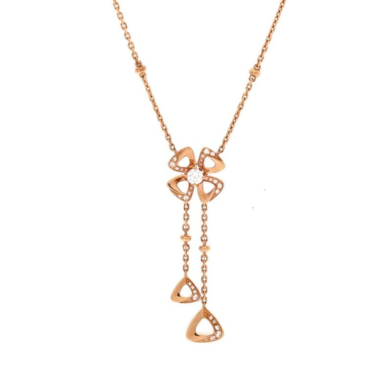 Bvlgari Fiorever Drop Pendant Necklace 18K Rose Gold and Diamonds: Measurements: Length: 16.0 - 17.0 ", Pendant Length: 1.50 ", Pendant Width: 10.90 mm . Condition: Pre-owned - Good,Brand: Bvlgari,Main Stone: Diamond,Metal: 18K Rose Gold,Metal Purity: 18K,Style: