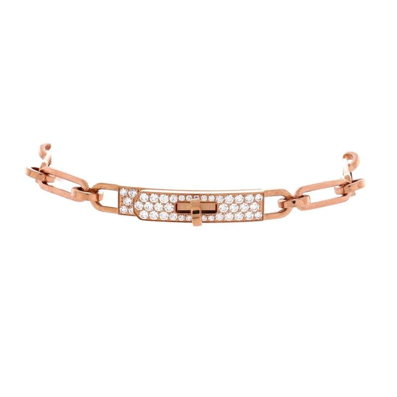 Hermes Kelly Chaine Bracelet 18K Rose Gold and Pave Diamonds Small: Measurements: Circumference: 6.50 ", Width: 5.00 mm . Condition: Pre-owned - Good,Brand: Hermes,Main Stone: Diamond,Metal: 18K Rose Gold,Metal Purity: 18K,Style: Chain,Type: Bracelet,Color: Rose