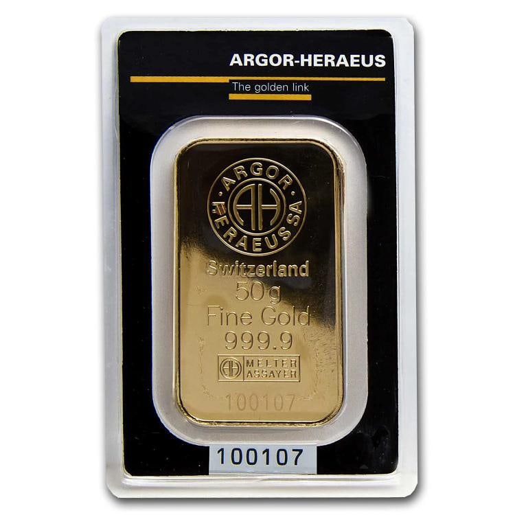 50 gram Gold Bar - Argor-Heraeus KineBar Design (In Assay): Brand: Argor Heraeus,MPN: 67500,Year: N/A,Fineness: 0.9999,Denomination: 50 grams,Circulated/Uncirculated: None,Certification: Uncertified,Country of Origin: Switzerland