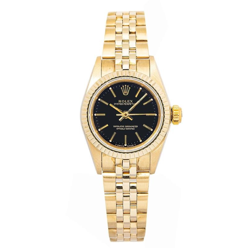 Rolex 67197 Oyster 14K Yellow Gold Black Dial Auto Lady's Watch 25mm: Case Size 25mm Wrist Fit 6.5 inches Box No Papers No Condition Ã¢â‚¬â€ Used - Good Full Specifications Brand Rolex Model Oyster Perpetual Customized No