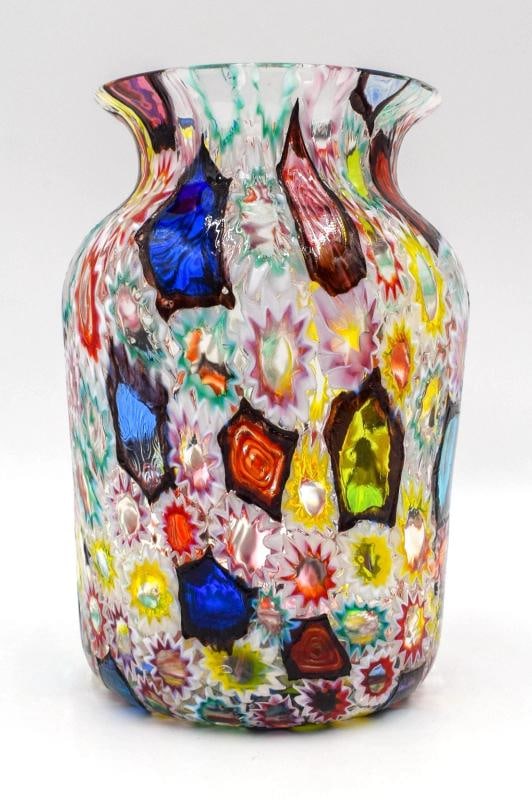 Fratelli Toso Millifiore Murano Art Glass Vase, Circa 1950: Measures 7 1/8" high by 4 3/8" wide.. Condition: Used,Brand: Fratelli Toso,Type: Vase,Color: Multicolor,Material: Glass,Year Manufactured: 1950,Production Style: Art Glass,Production Technique: Hand B