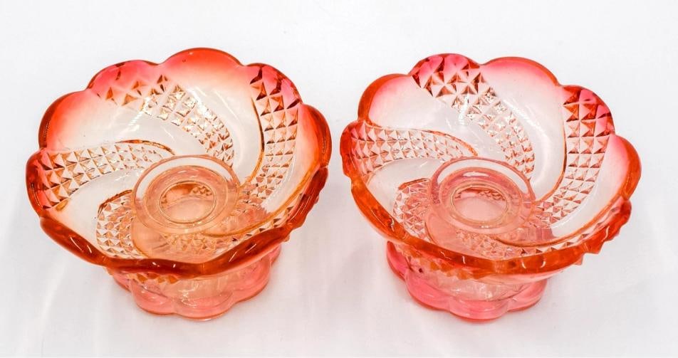 Pair of Rare Baccarat Footed Rose Tiente Art Glass Salt Dish - 2