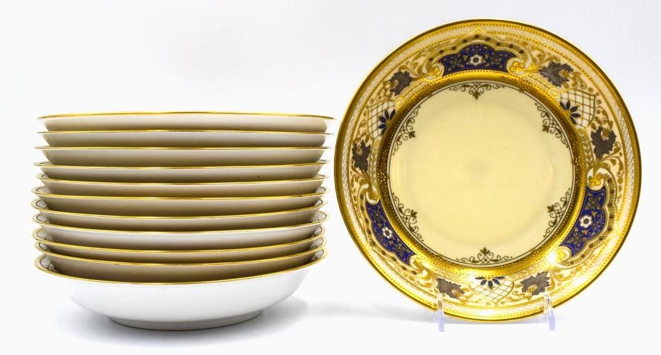 12 Holzner Karlsbad Raised Paste Gold & Silver Dresden, C. 1910 Soup/Pasta Bowls: Measures 7 1/2" diameter by 1 1/2" deep. . Condition: Used,Brand: Karlsbad,Antique: Yes,Type: Bowl,Year Manufactured: 1910,Material: Porcelain,Country of Origin: Germany
