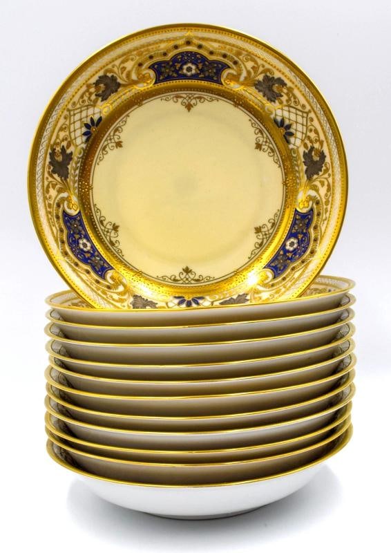 12 Holzner Karlsbad Raised Paste Gold & Silver Dresden, C. 1910 Soup/Pasta Bowls - 2