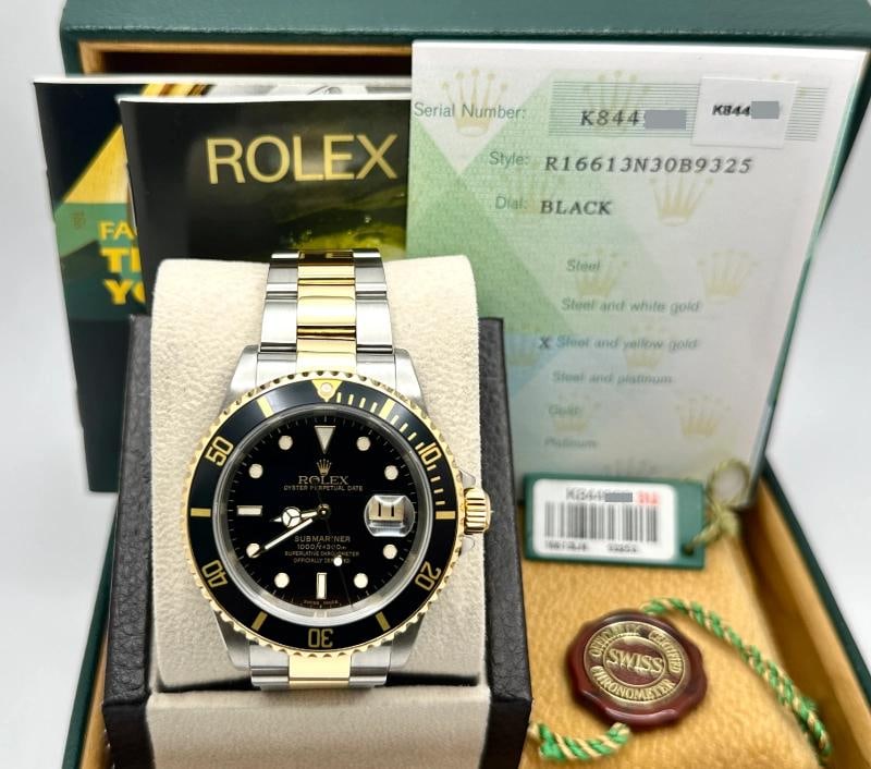 2003 Rolex Submariner 16613 Black 40mm 18k Yellow Gold Stainless Steel Box Paper - 2