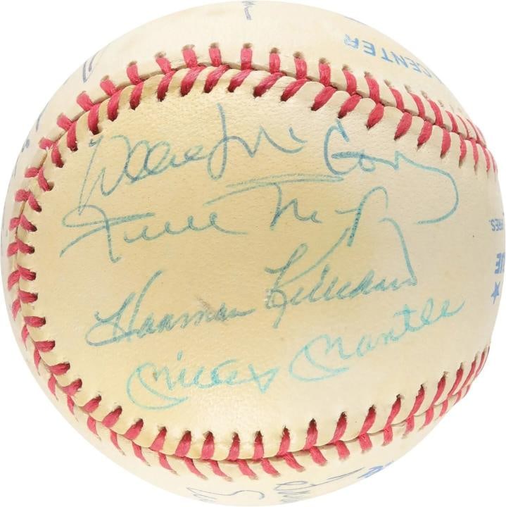 500 Home Run Signed Baseball Mickey Mantle Ted Williams Willie Mays 11 Sigs JSA: The ball is a multi-signed OAL (Brown) Rawlings baseball that features 11 autographs including Ted Williams on the sweet spot. The other 10 signatures on the ball, in no particular order, are Hank