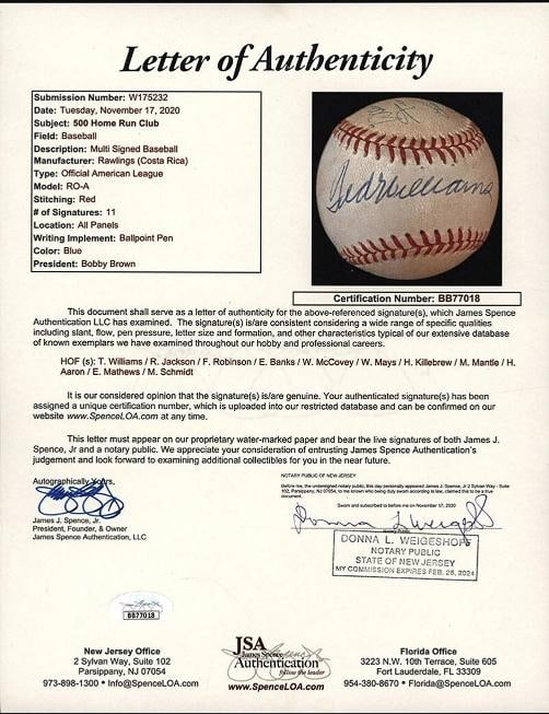 500 Home Run Signed Baseball Mickey Mantle Ted Williams Willie Mays 11 Sigs JSA - 4