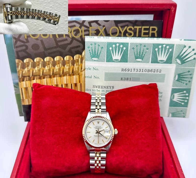 Rolex Ladies Datejust 69173 26mm Silver Dial 18k Yellow Gold Steel Box Paper