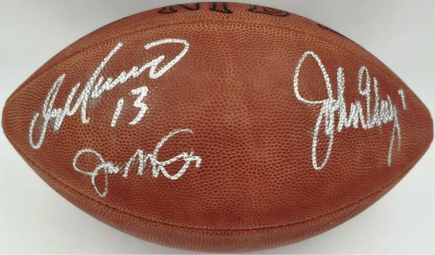 Joe Montana John Elway Dan Marino Signed NFL Game Football Beckett BAS: Sport: Football,Product: Ball,Object Type: Football,Player: Joe Montana, John Elway & Dan Marino,Signed By: Various,Autographed: Yes,Signed: Yes,Autograph Authentication: Beckett Authentication